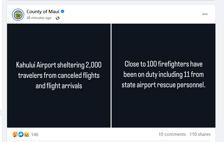 The main airport of Maui is sheltering 2,000 travelers from canceled flights and flight arrivals&quot; as multiple wildfires burn on the island