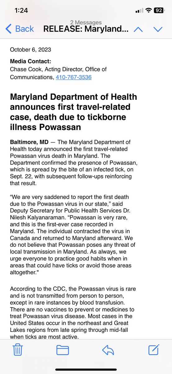 Maryland reports first travel-related case of rare, very deadly tick-borne Powassan virus. Person who died was infected in Canada and returned to MD. Not transmitted person to person